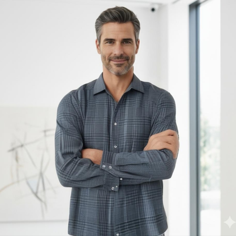 Bugatchi Men's Navy and Black Plaid Shirt (SH-09)